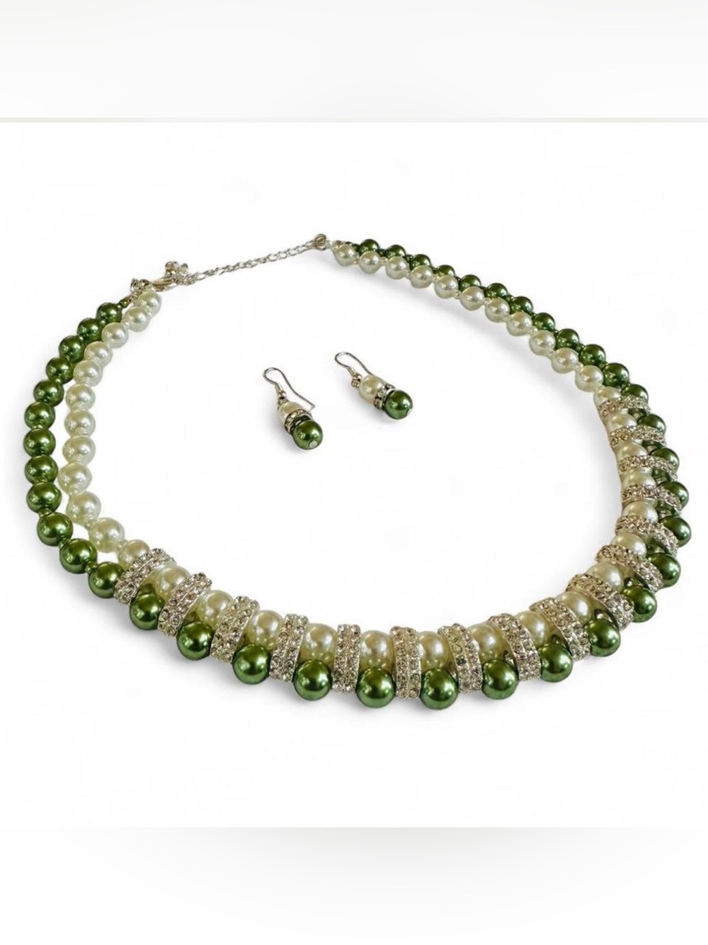 Luxury Emerald Green & White Faux Pearl Statement Necklace Set-Regency Glamour